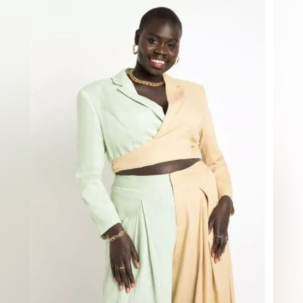 Eloquii women's crop colorblock blazer and wide leg pant linen blend